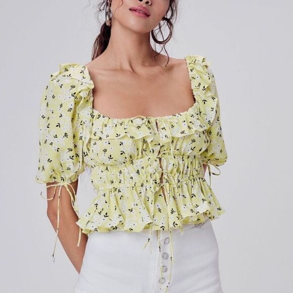 For Love & Lemons Chrysanthemum Floral Tie Front Short Sleeve Top Sz XS - Picture 2 of 10